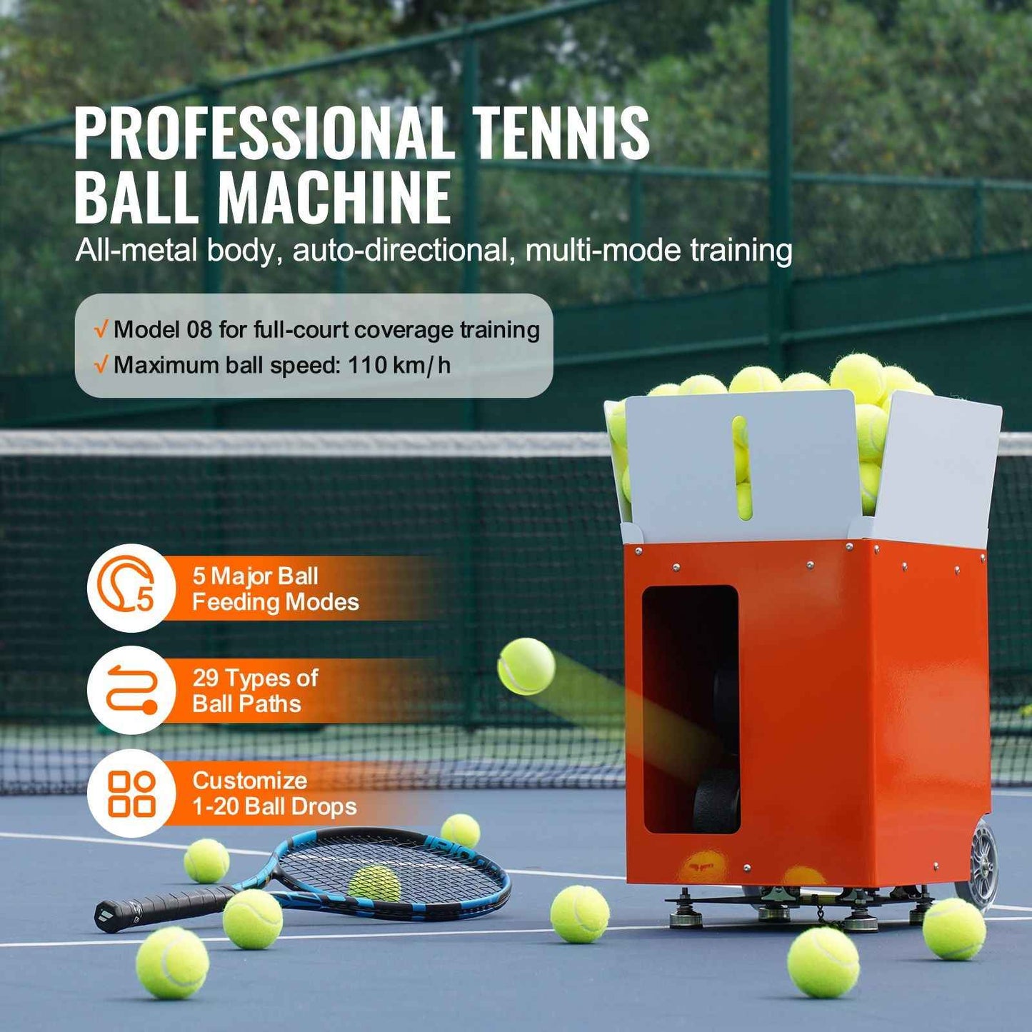 Tennis Ball Machine, Automatic Portable Tennis Ball Launcher, 100 Balls Tennis Training Practice Thrower, 5 Motors Multi-Mode Drills, 2+ Hours Play, Rechargeable Battery, App Remote Control