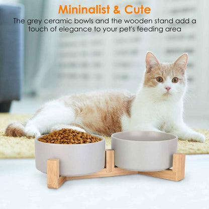 Double 28.7Oz Ceramic Pet Bowls Dog Cat Bowls with Wooden Stand Raised Pet Feeder for Small Dogs Cats
