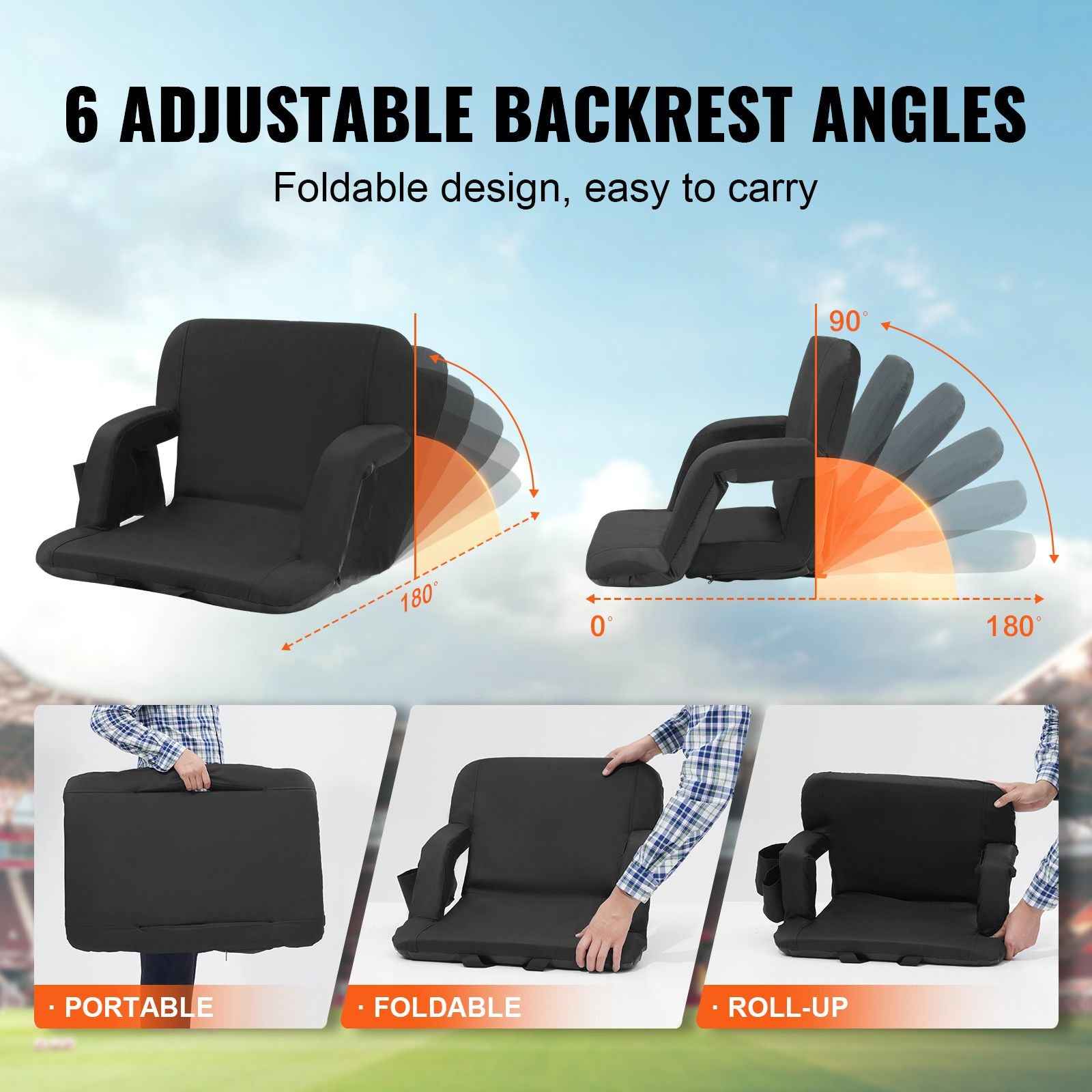Stadium Seat with Back Support, Wide Bleacher Seat Backs, Folding Padded Cushion Stadium Chair, Portable Reclining Chairs with Hook Pocket Cupholder, Ideal for Sport Event Beach Concert (2 Set)