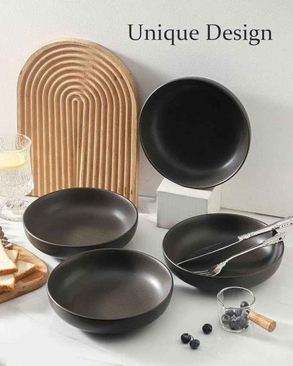 Stoneware Pasta Bowls, 34 oz Large Salad Bowl Set of 4, Ceramic Serving Bowls for Ramen, Pasta, Fruit, Cereal, Dinner, Wide and Shallow Bowls, Microwave & Dishwasher Safe, Matte Black