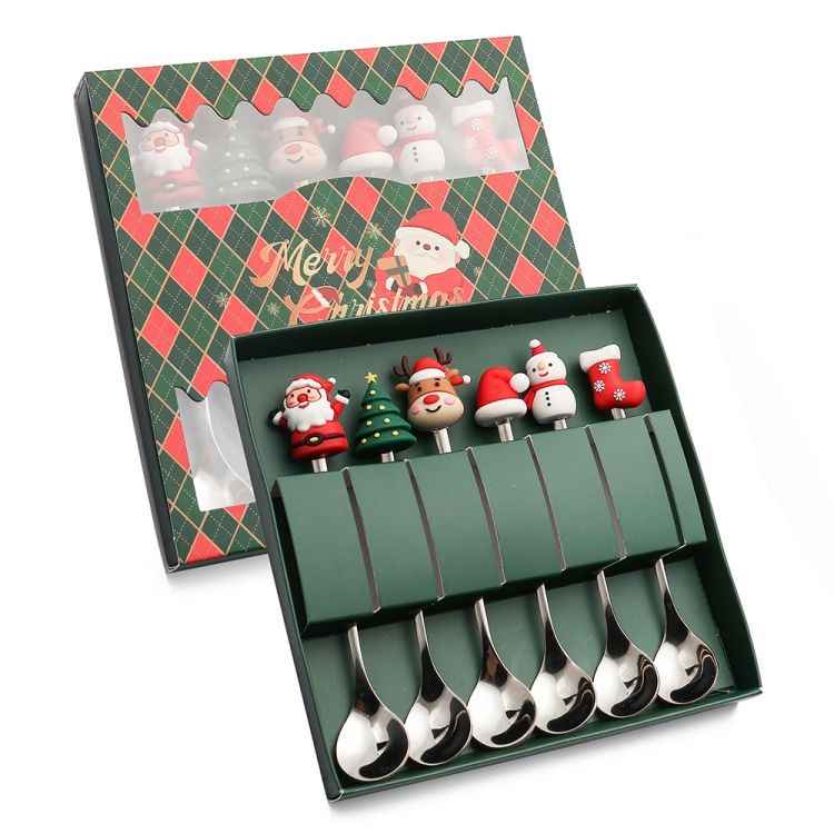 6pcs /Pack Christmas Cartoon Doll Stainless Steel Tableware