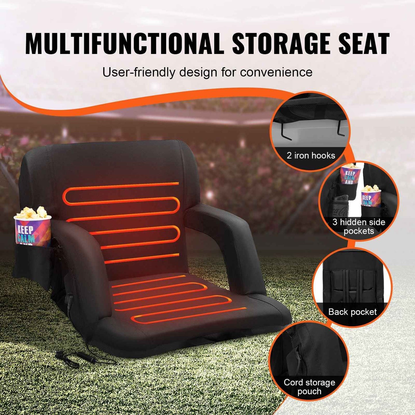 Double Heated Stadium Seat with Back Support, 3 Level Heating Wide Bleacher Seat, Folding Portable Padded Reclining Chair with Hook Pocket Cupholder, Ideal for Sport Event Beach Concert (2 Set)