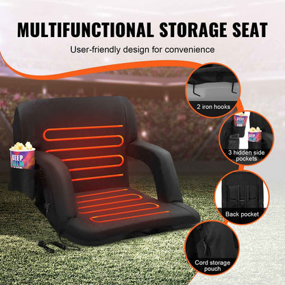 Double Heated Stadium Seat with Back Support, 3 Level Heating Wide Bleacher Seat, Folding Portable Padded Reclining Chair with Hook Pocket Cupholder, Ideal for Sport Event Beach Concert (2 Set)