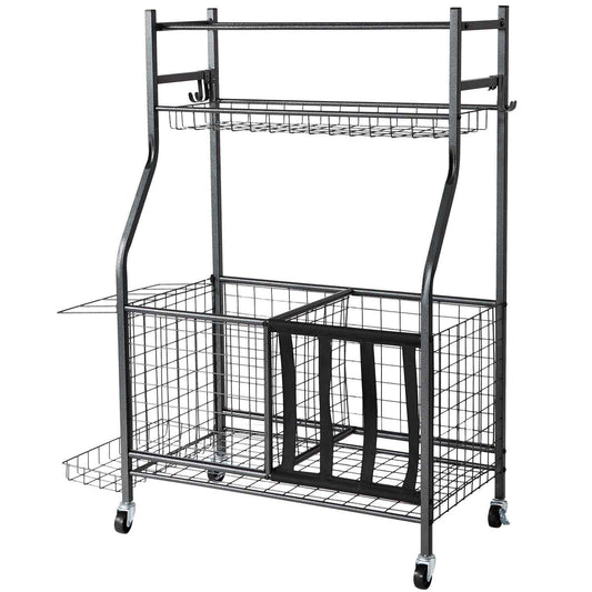 Sports Equipment Garage Organizer, Rolling Ball Storage Cart on Wheels, Basketball Rack with Baskets & Hooks, Indoor/Outdoor Sports Gear and Toys Storage, Steel Sports Equipment Organizer, Black