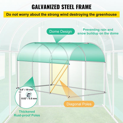 Walk-in Tunnel Greenhouse, 9.8 x 6.6 x 6.6 ft Portable Plant Hot House with Galvanized Steel Hoops, 1 Top Beam, Diagonal Poles, Zippered Door & 6 Roll-up Windows, Green - KNM Sundry