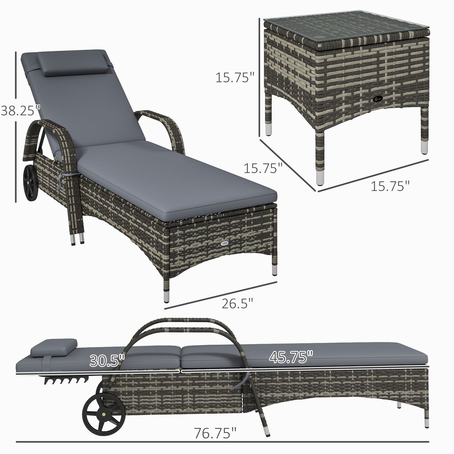 Patio Wicker Chaise Lounge Chair Set of 2 with Table, Adjustable Backrest, Wheels, Cushion & Headrest, Gray - KNM Sundry