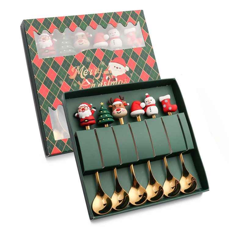 6pcs /Pack Christmas Cartoon Doll Stainless Steel Tableware