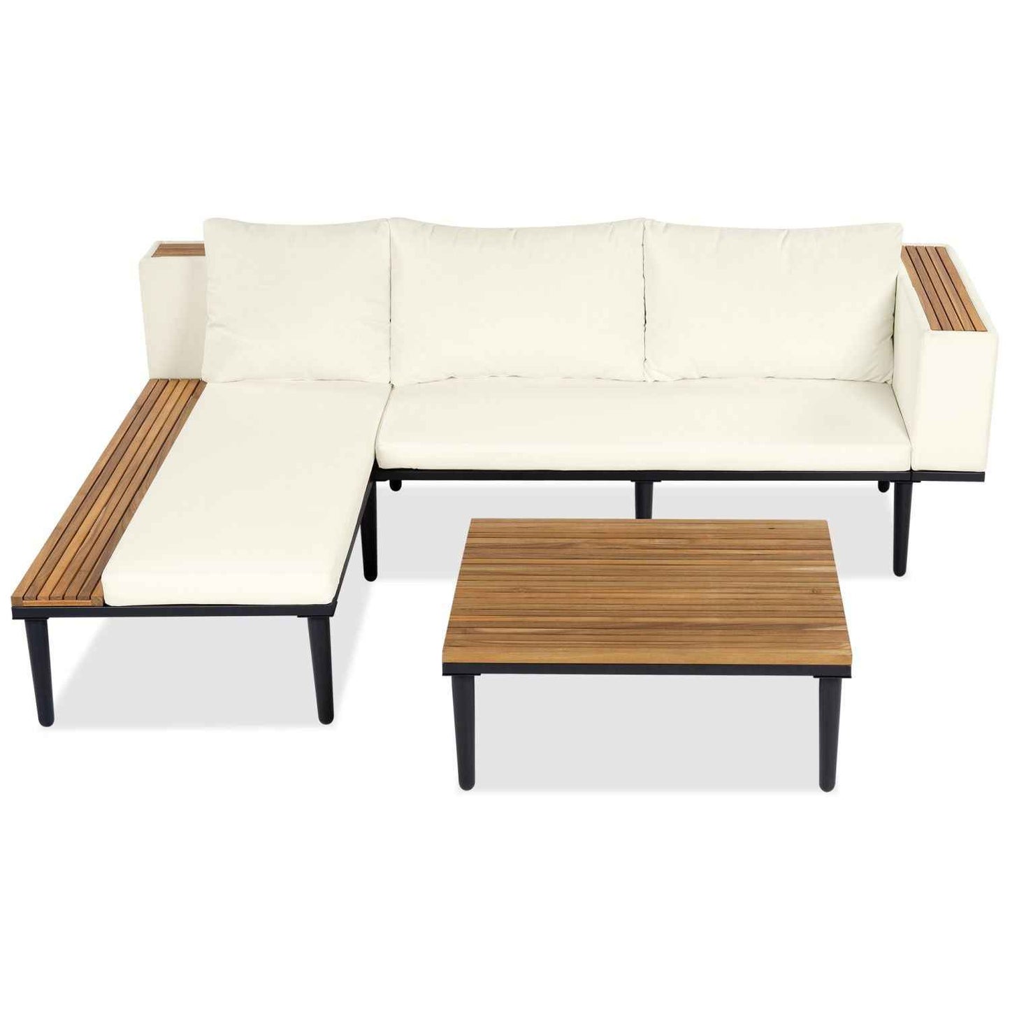 <Old SKU: N704G201251A>Luxury Patio Furniture Set with Removable Cushions and Coffee Table, L-Shaped Acacia Wood Sofa with Side table, Outdoor Conversation Sectional Sofa for Backyard, Porch, Beige