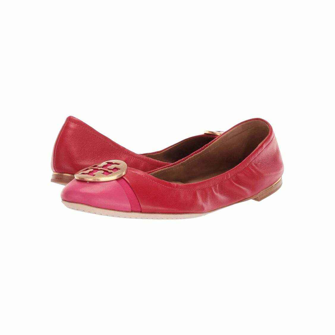 Tory Burch Brilliant Red Minnie Cap-Toe Women's Leather Ballet Flats Shoes