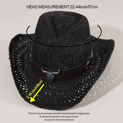 Men's And Women's Cowboy Hat British Retro New Summer Hollow Cow Head Belt Hat Sunscreen Sunscreen Woven Straw Hat