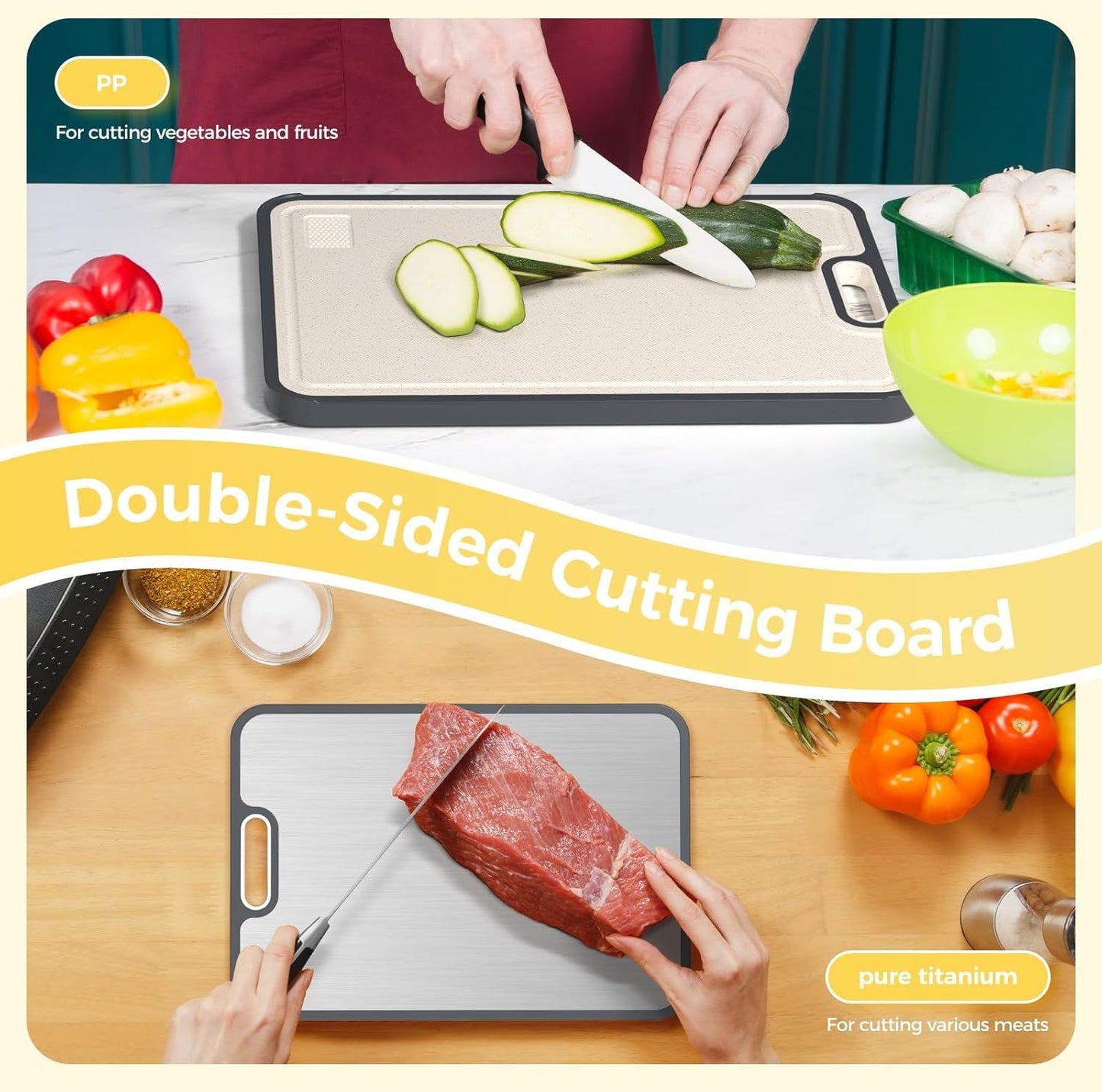Titanium Cutting Board for Kitchen, Cutting Board Double Sided Food Grade, Pure Titanium/PP, Easy to Clean Large Size 16'×11' - KNM Sundry
