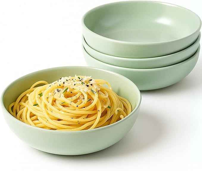 Ceramic Pasta Bowls Set of 4 – 40oz Extra Large Dinner Bowls, Deep Plates Salad Bowl for Eating, Pasta Plates, Stoneware Shallow Bowl Plate Set, Dishwasher & Microwave Safe - Green