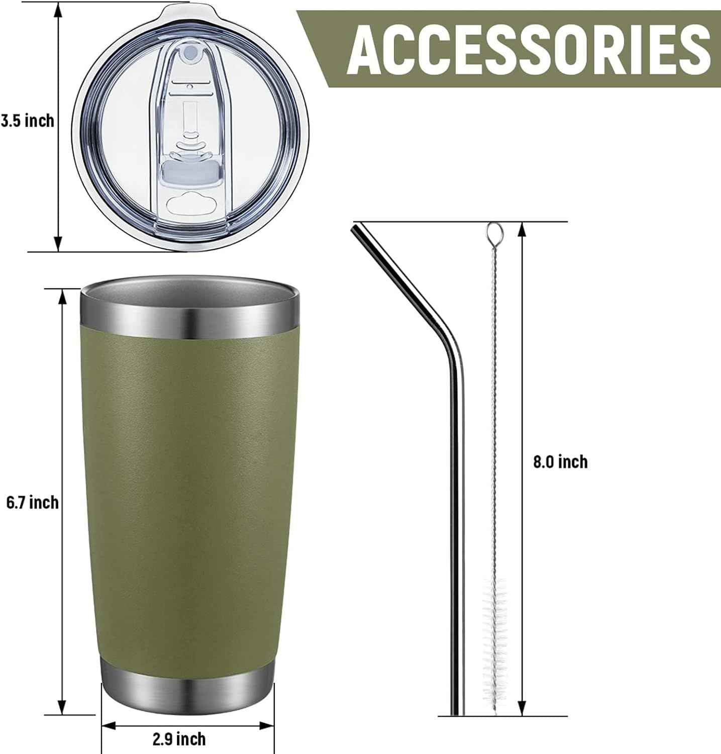 20oz Tumbler Bulk Double Wall Vacuum Insulated Travel Mug, Stainless Steel Tumbler with Lid and Straw Durable Powder Coated Insulated Coffee Cup for Cold & Hot Drinks (Army Green, 4 Pack