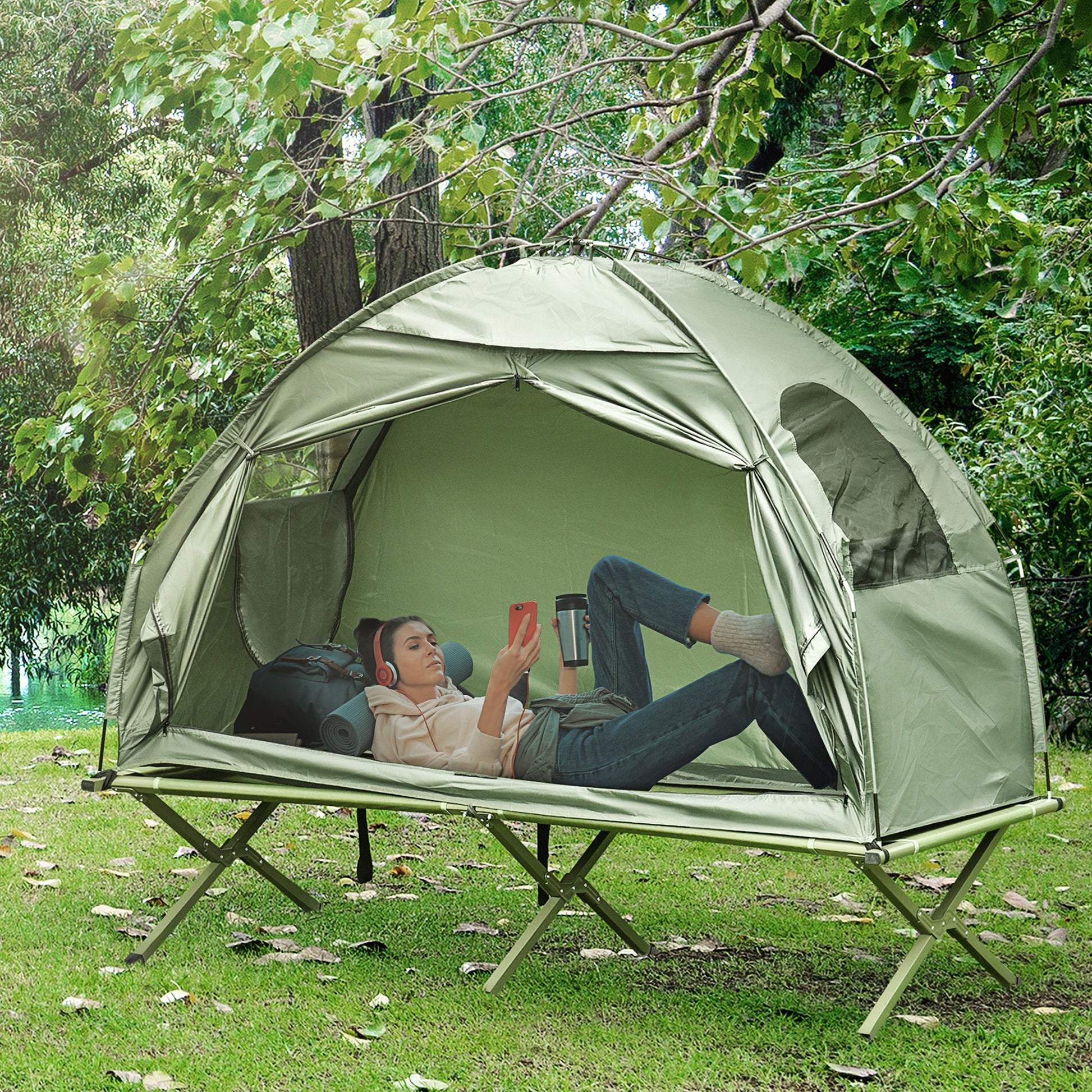1 Person Folding Camping Cot, Portable Outdoor with Carry Bag, 2-in-1 Elevated Camping Bed Tent Single - KNM Sundry