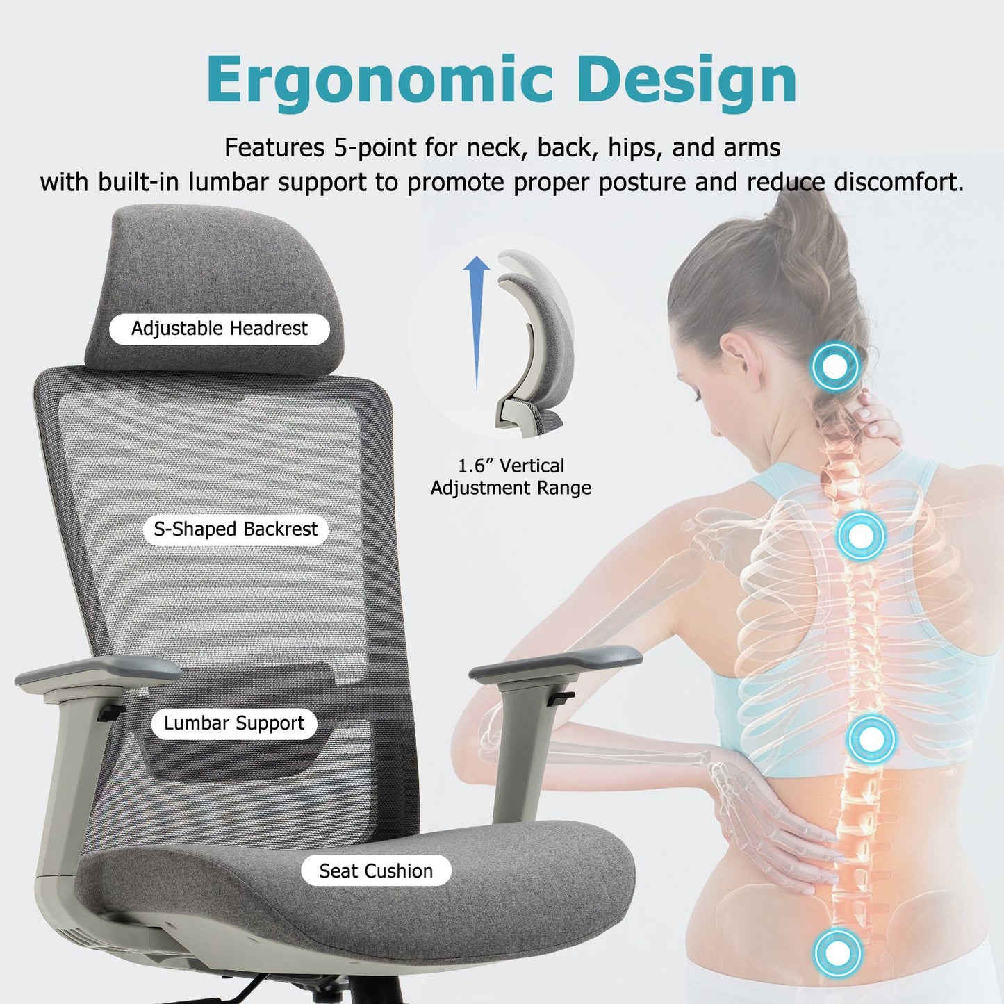 Ergonomic Mesh Office Chair with Adjustable Headrest and Lumbar Support, Breathable Back Design for Home and Office Use 8322H - KNM Sundry