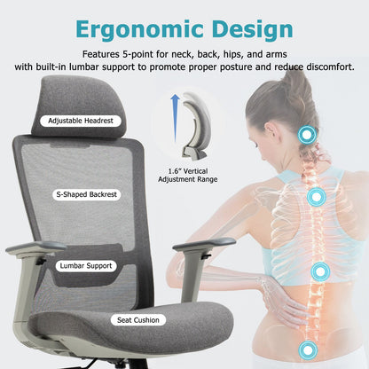 Ergonomic Mesh Office Chair with Adjustable Headrest and Lumbar Support, Breathable Back Design for Home and Office Use 8322H - KNM Sundry
