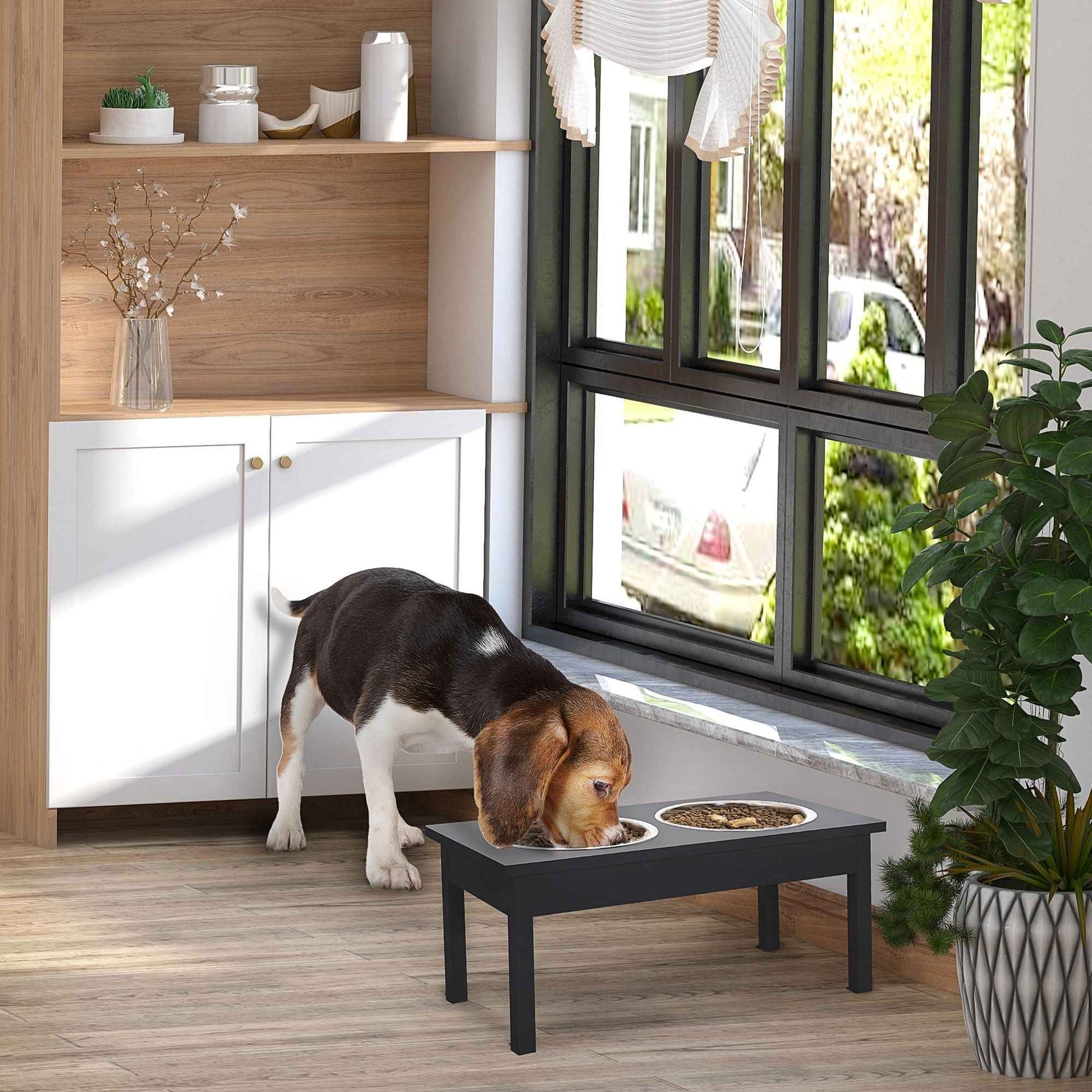2 Stainless Steel Pet Bowls, 23"L Durable Wooden Heavy Duty Dog Feeding Station - Black