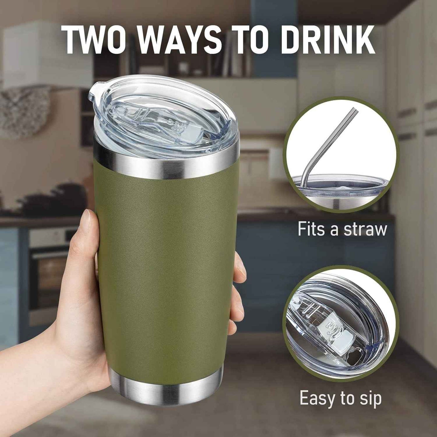 20oz Tumbler Bulk Double Wall Vacuum Insulated Travel Mug, Stainless Steel Tumbler with Lid and Straw Durable Powder Coated Insulated Coffee Cup for Cold & Hot Drinks (Army Green, 4 Pack