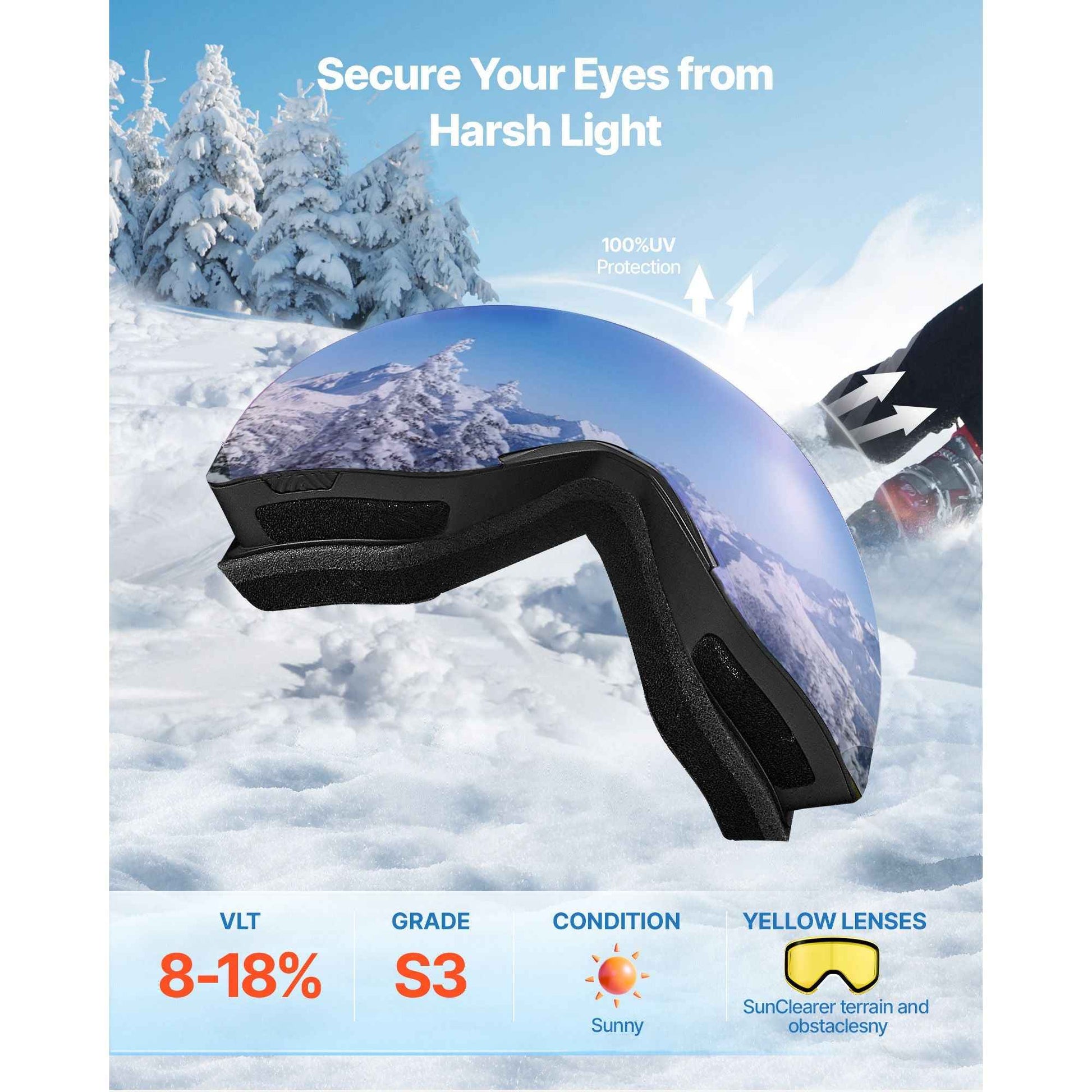 Frameless Ski Goggles, Magnet Cylindrical Lens with Dark Blue Revo Coating, OTG Anti fog Snow Goggles for Men Women, TPU Frame & Ventilation Structure, Fit for Skiing, Skating, Snowboarding