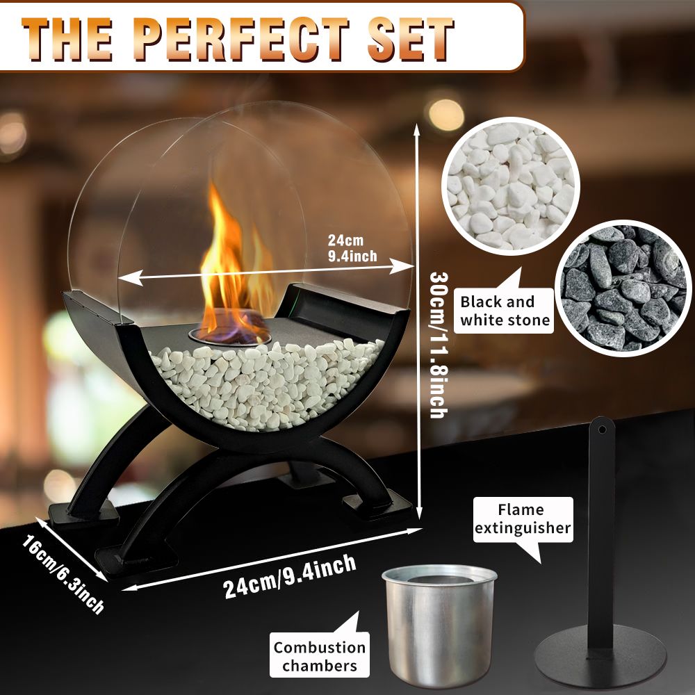 Round Glass Large Tabletop Fireplace 12.5" H Portable Fire Bowl Pot Clean Burning Fireplace for Indoor Outdoor Patio Parties Events(Black) - KNM Sundry