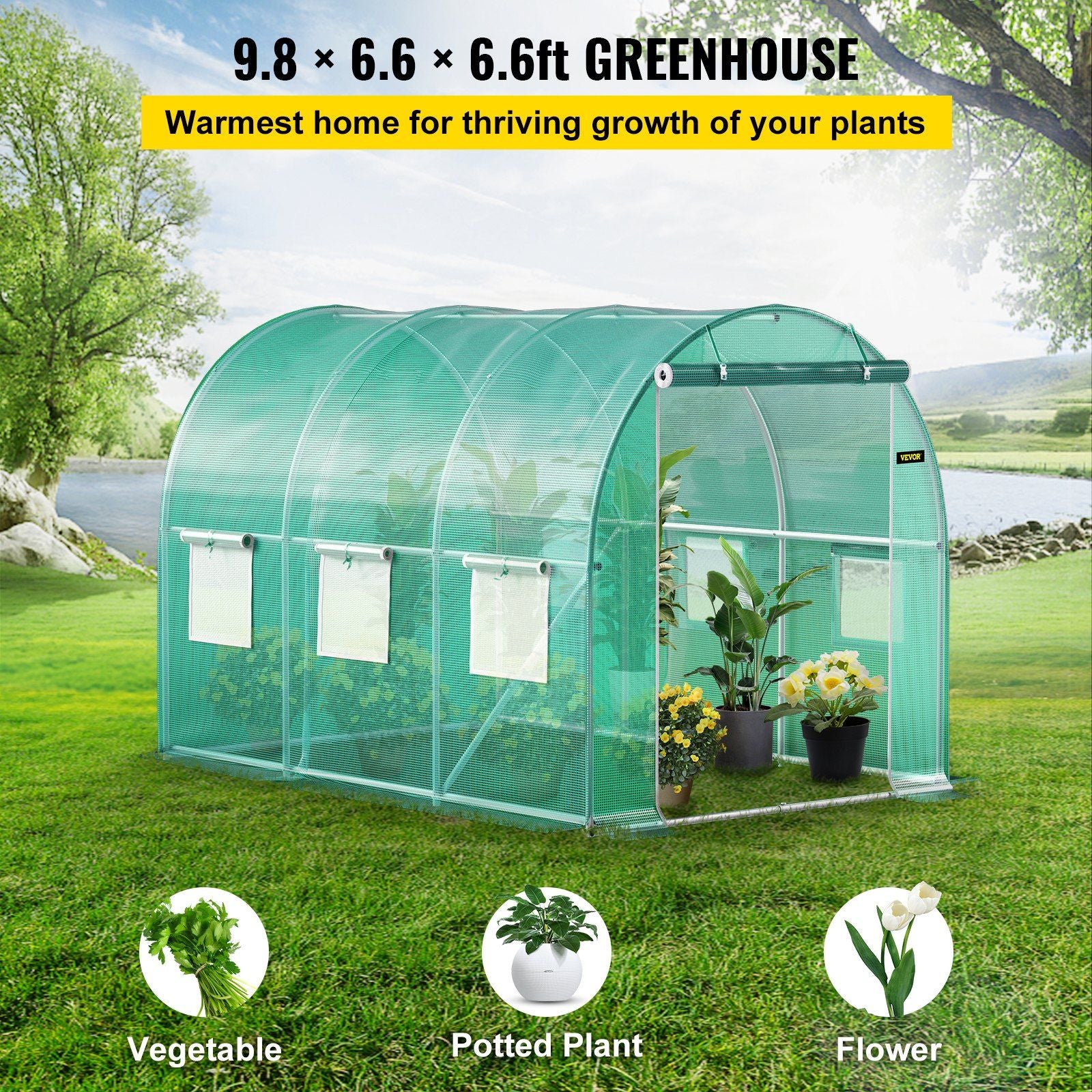 Walk-in Tunnel Greenhouse, 9.8 x 6.6 x 6.6 ft Portable Plant Hot House with Galvanized Steel Hoops, 1 Top Beam, Diagonal Poles, Zippered Door & 6 Roll-up Windows, Green - KNM Sundry
