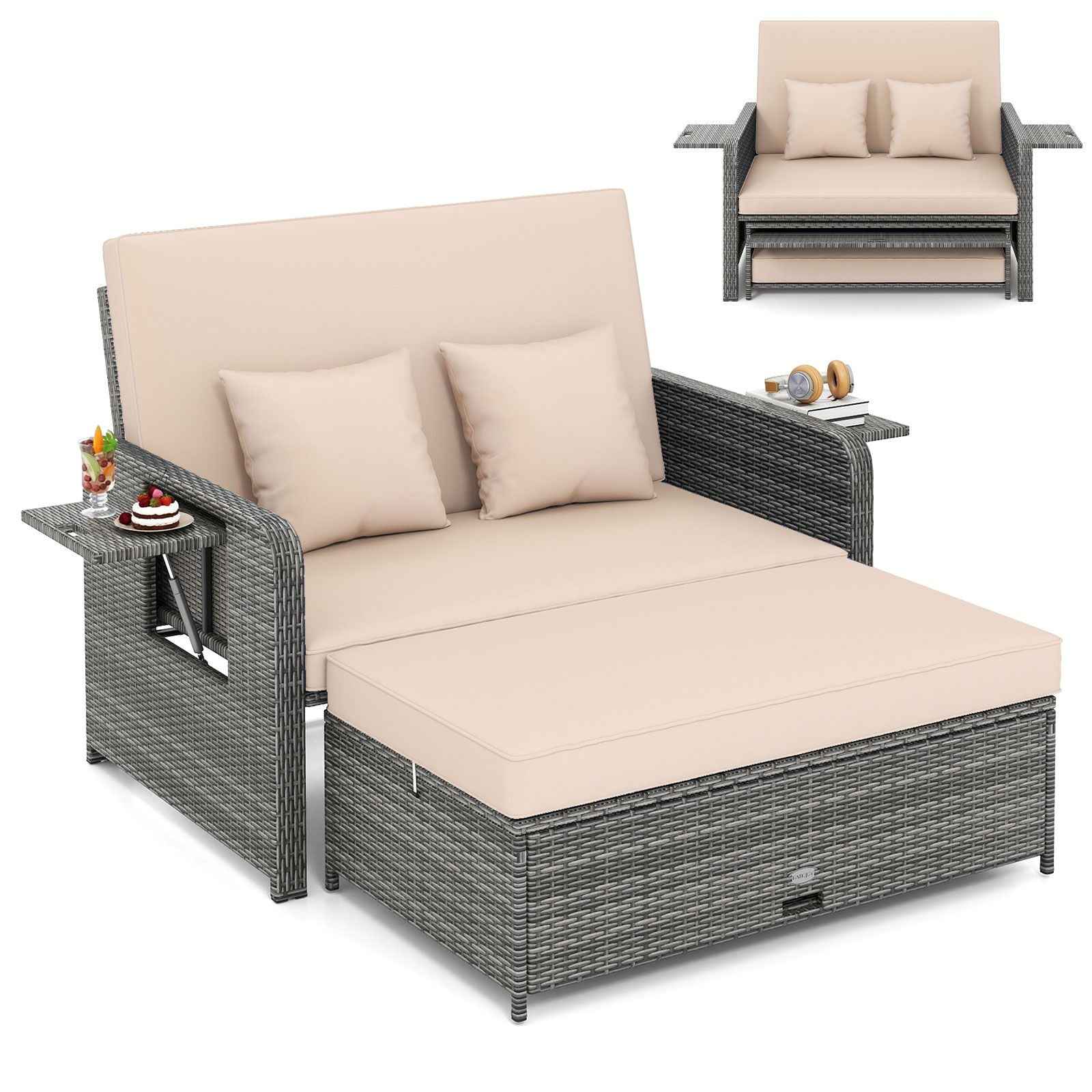 Patio Wicker Loveseat Sofa with Multipurpose Ottoman and Retractable Side Tray