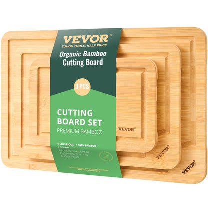Cutting Board, 3 Pieces, Premium Versatile Bamboo Cutting Board with Food-Grade Oil and Juice Groove,Sturdy & Durable Chopping Board with Built-in Handle, Fit for Display, Chopping & Serving - KNM Sundry