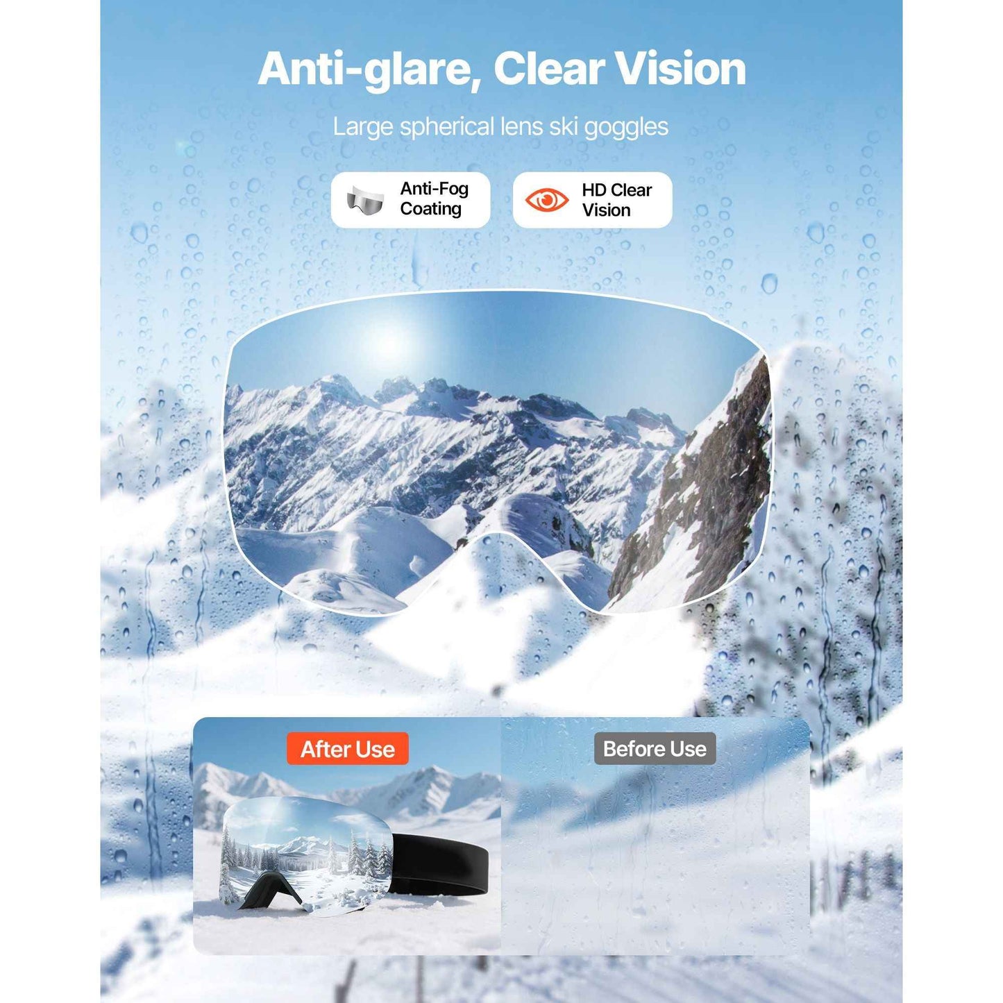 Frameless Ski Goggles, Magnet Cylindrical Lens with Silver Mirror Revo Coating, OTG Anti fog Snow Goggles for Men Women, TPU Frame & Ventilation Structure, Fit for Skiing, Skating, Snowboarding