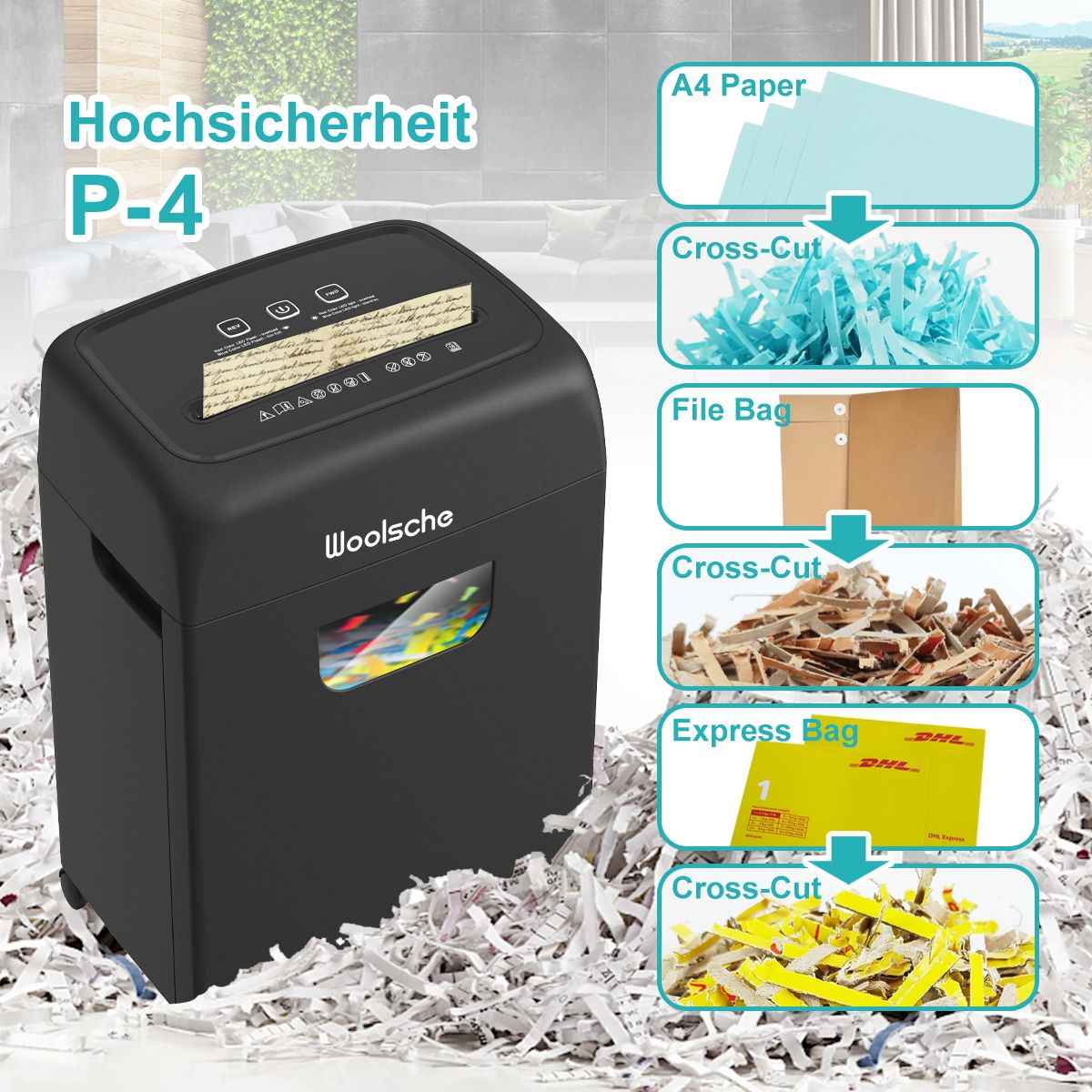 Woolsche Paper Shredder for Home,18-Sheets Cross Cut With 5.28 Gallon Pull out Bin,P-4 Security Level, Shred Paper and Credit Card and CD,Ultra-quiet