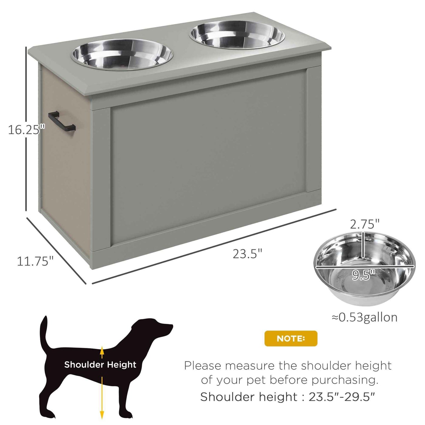 Raised Dog Feeding Station with 2 Stainless Steel Bowls and Storage for Large Dogs and Other Large Pets Gray