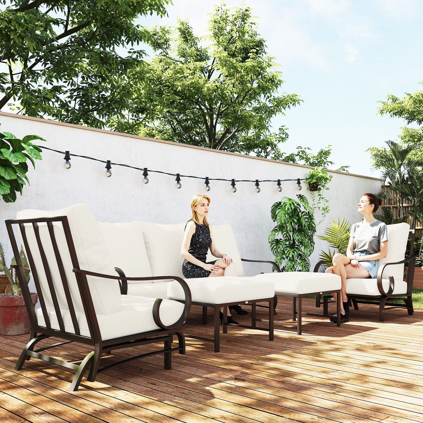 5 Piece Backyard Patio Furniture Set, Outdoor Furniture Set with 2 Rocking Chairs, 3-Seat Sofa, and 2 Ottomans, Beige - KNM Sundry