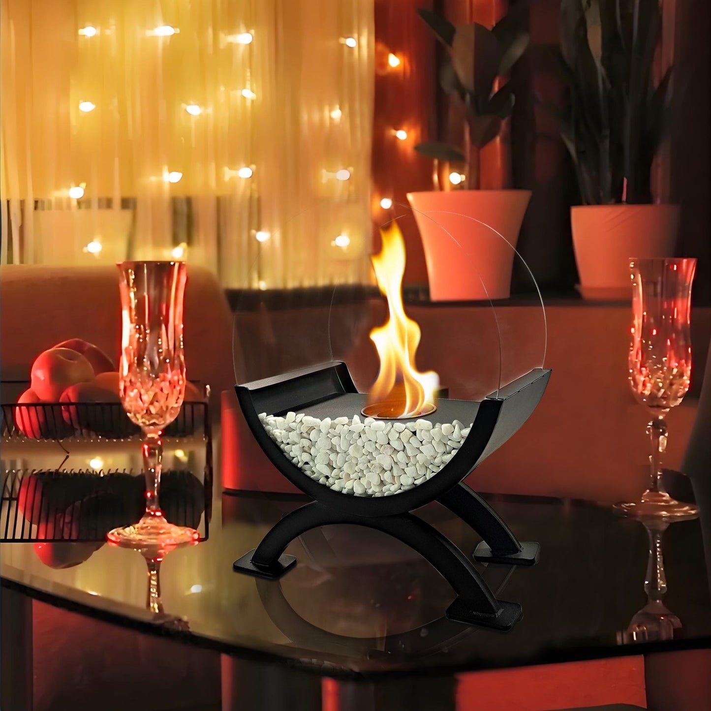 Round Glass Large Tabletop Fireplace 12.5" H Portable Fire Bowl Pot Clean Burning Fireplace for Indoor Outdoor Patio Parties Events(Black) - KNM Sundry
