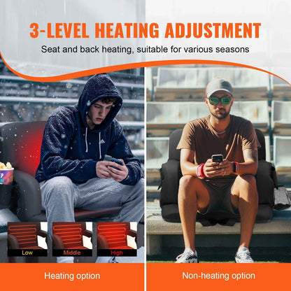 Double Heated Stadium Seat with Back Support, 3 Level Heating Wide Bleacher Seat, Folding Portable Padded Reclining Chair with Hook Pocket Cupholder, Ideal for Sport Event Beach Concert (2 Set)