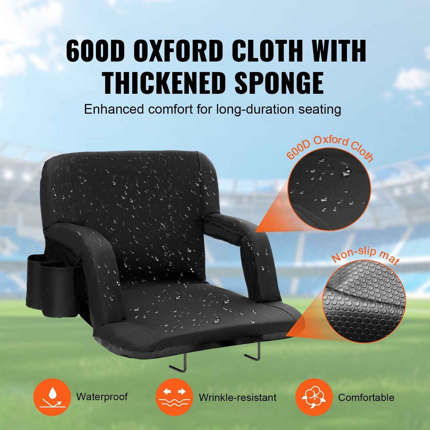 Stadium Seat with Back Support, Wide Bleacher Seat Backs, Folding Padded Cushion Stadium Chair, Portable Reclining Chairs with Hook Pocket Cupholder, Ideal for Sport Event Beach Concert (2 Set)