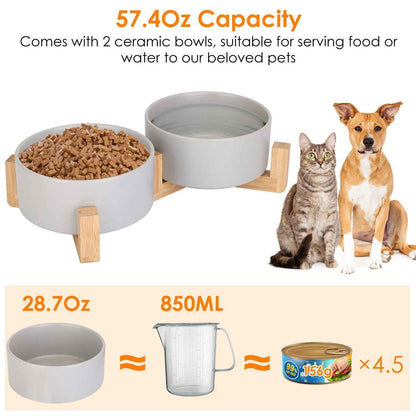 Double 28.7Oz Ceramic Pet Bowls Dog Cat Bowls with Wooden Stand Raised Pet Feeder for Small Dogs Cats