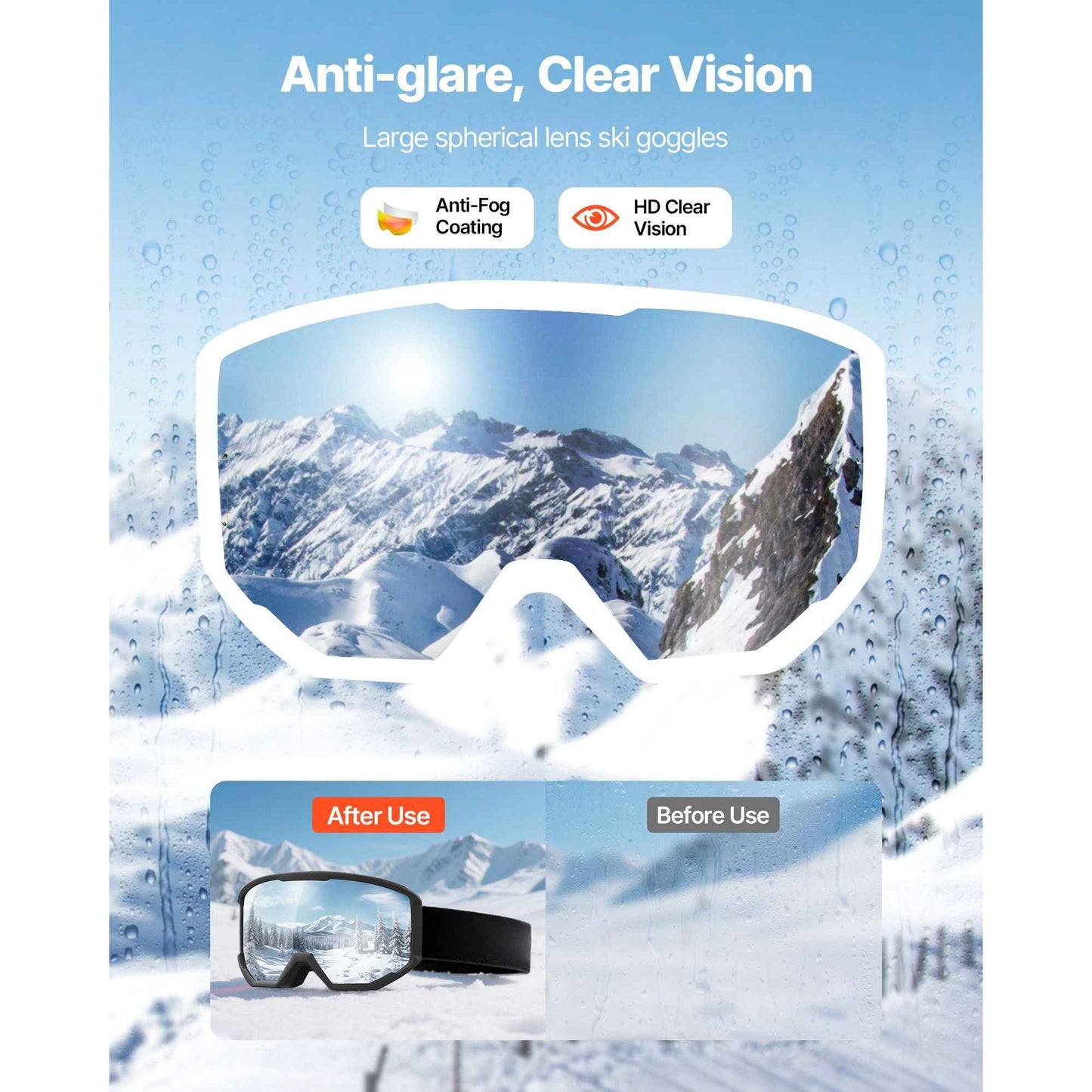 Ski Goggles, Cylindrical Lens with Orange Revo Coating, OTG Anti fog Snow Goggles for Men Women Youth, TPU Frame & Ventilation Structure, Suitable for Skiing, Skating, Snowboarding, Cycling
