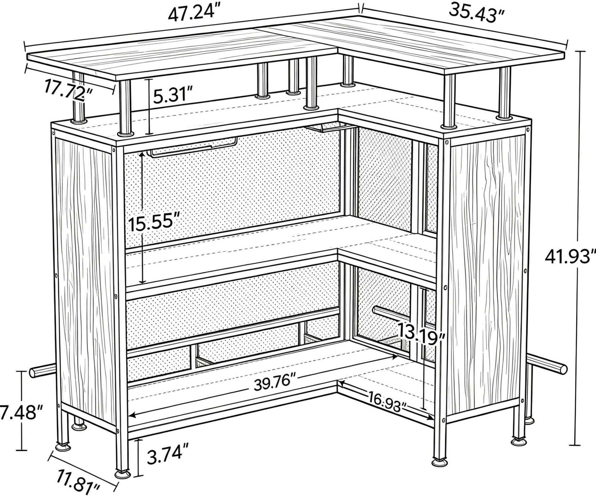 L-Shaped Home Bar Unit Liquor Bar Table with Glasses Holders And Shelves for Kitchen Dining Room Bar Counter Storage