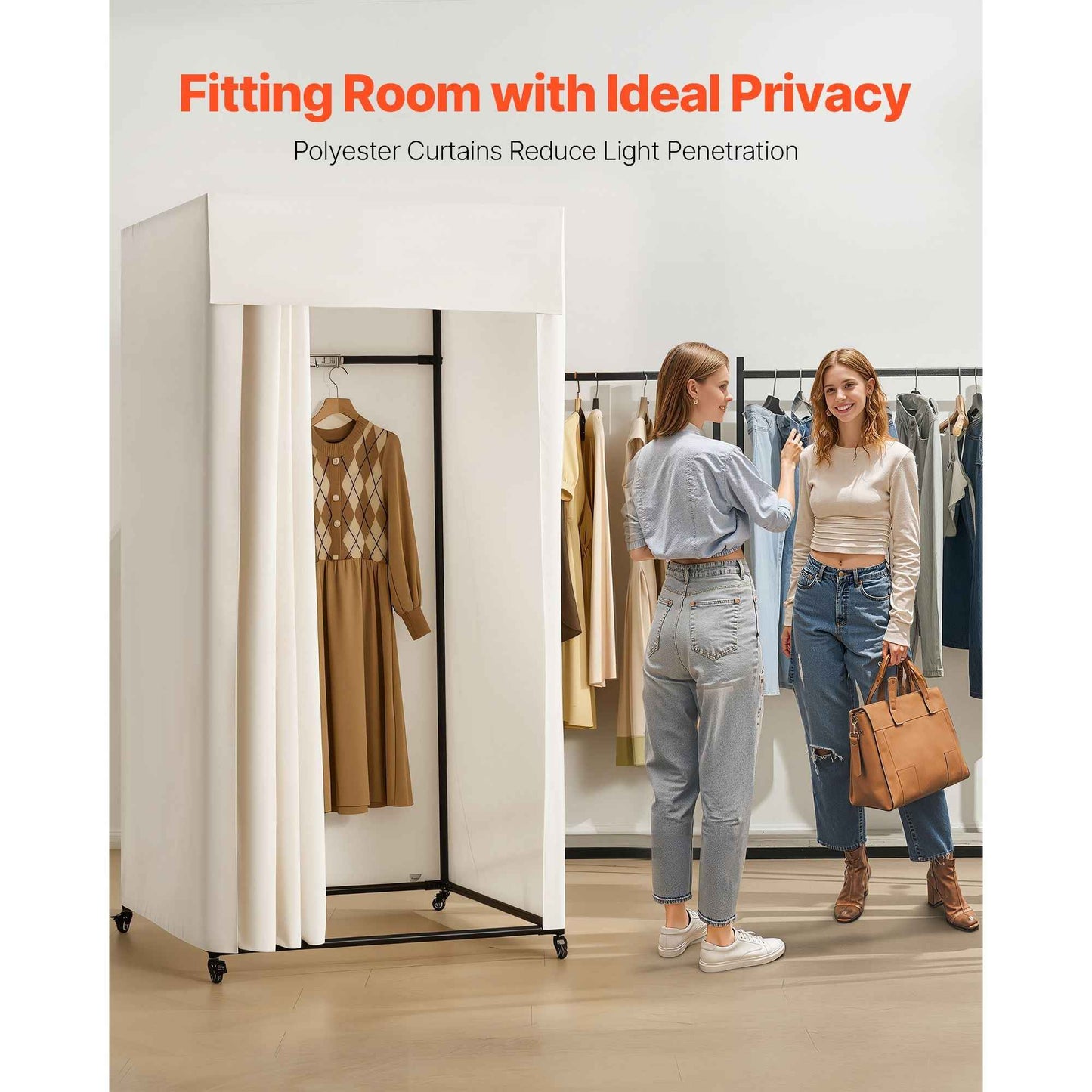 Fitting Room, Moveable Dressing Room with Thick Curtains, Privacy Space with Casters and a Sturdy Metal Hook, for Boutique, Mall, Tailor's Store & Outdoor (39 x 39 x 81 in, Black and Beige)
