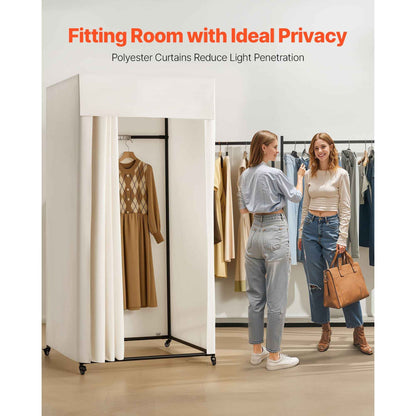 Fitting Room, Moveable Dressing Room with Thick Curtains, Privacy Space with Casters and a Sturdy Metal Hook, for Boutique, Mall, Tailor's Store & Outdoor (39 x 39 x 81 in, Black and Beige)