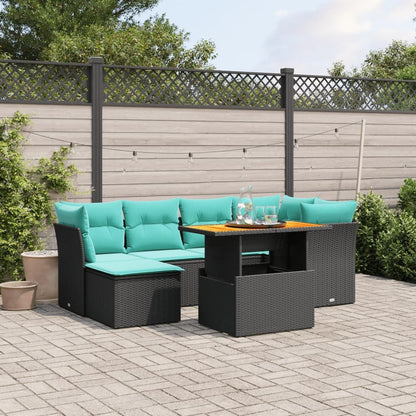 7 Piece Patio Sofa Set with Cushions Black Poly Rattan - KNM Sundry