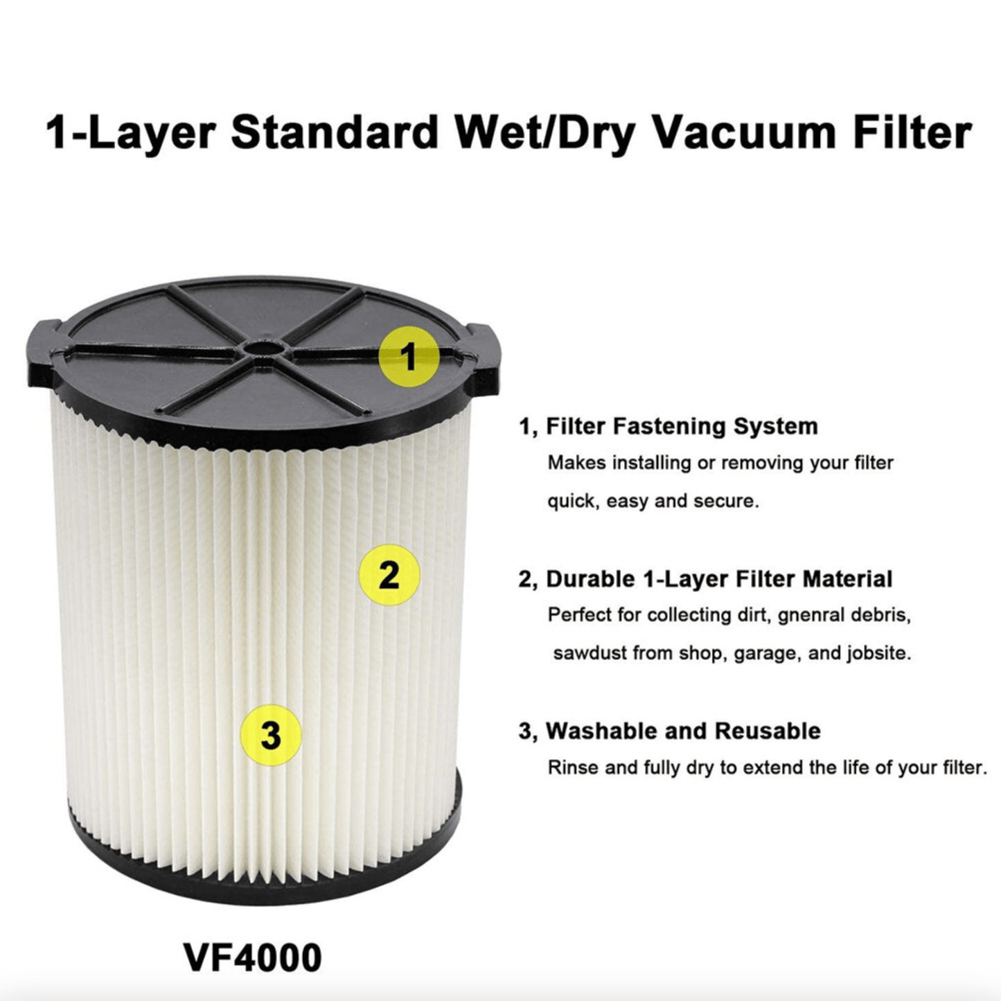 VF4000 Replacement RIDGID Wet/Dry Washable Vacuum Garage Shop Vac Pleated Filter - KNM Sundry