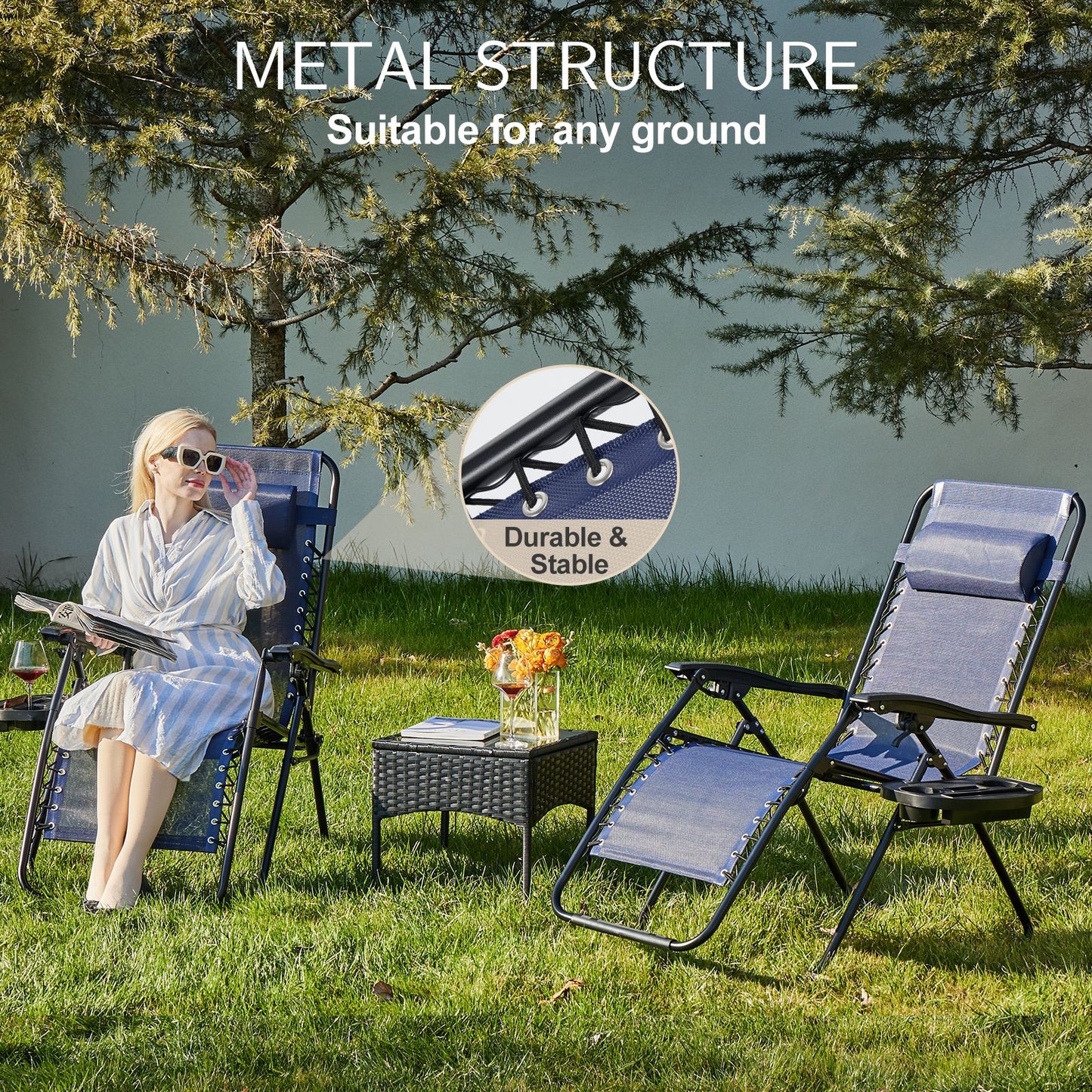 Set of 2 Zero Cravity Lounge Chairs,Outdoor Patio Folding Recliners for Pool Beach with Pillow and Cup Holder - KNM Sundry