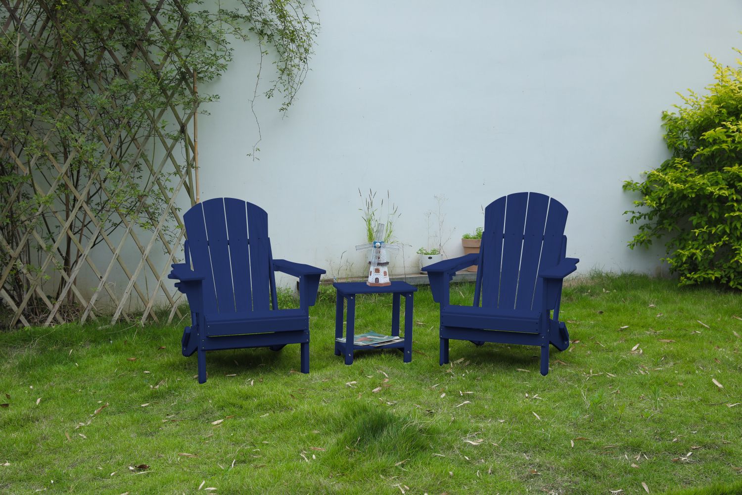 Folding Adirondack Chair with Side Table, 3-Piece Adirondack Chair Set with Wood Texture, Navy Blue(includes 2 Chairs and 1 Table) - KNM Sundry