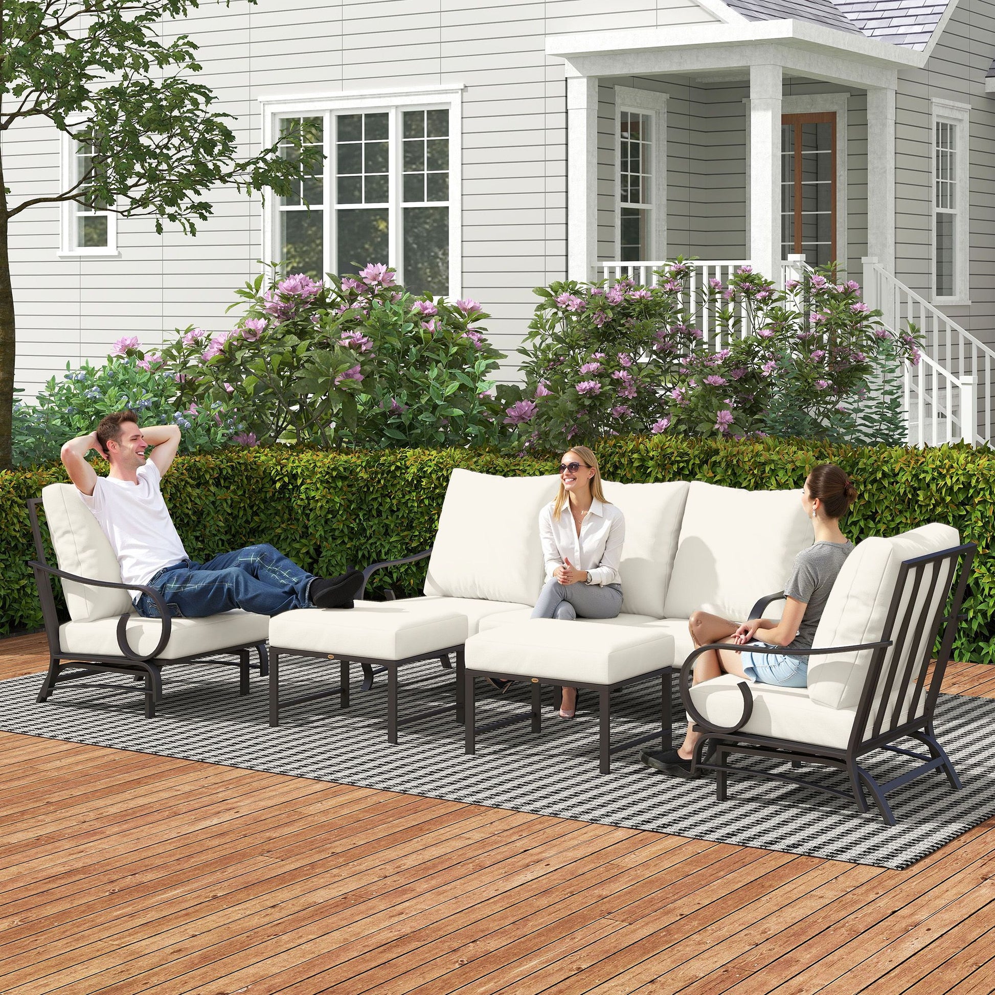 5 Piece Backyard Patio Furniture Set, Outdoor Furniture Set with 2 Rocking Chairs, 3-Seat Sofa, and 2 Ottomans, Beige - KNM Sundry