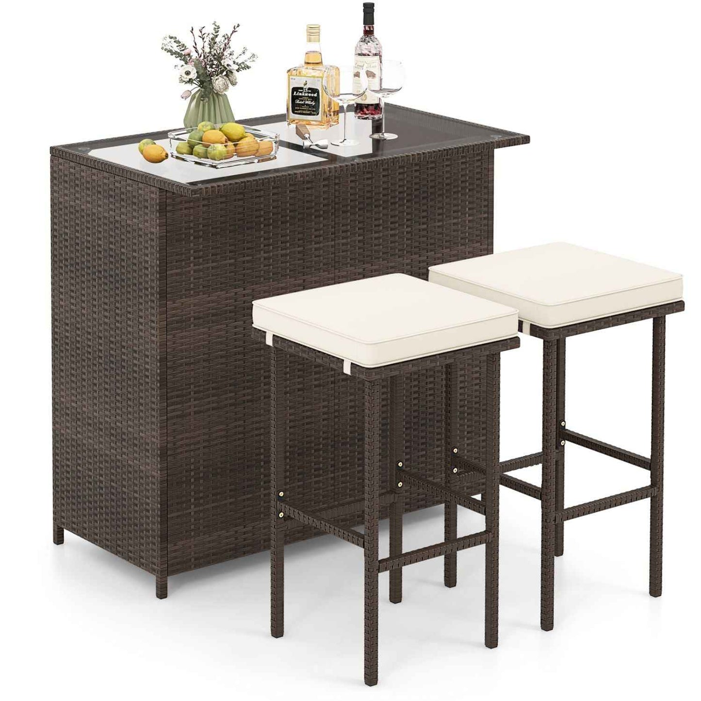 3 Pieces Outdoor Rattan Wicker Bar Set with 2 Cushions Stools