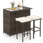 3 Pieces Outdoor Rattan Wicker Bar Set with 2 Cushions Stools