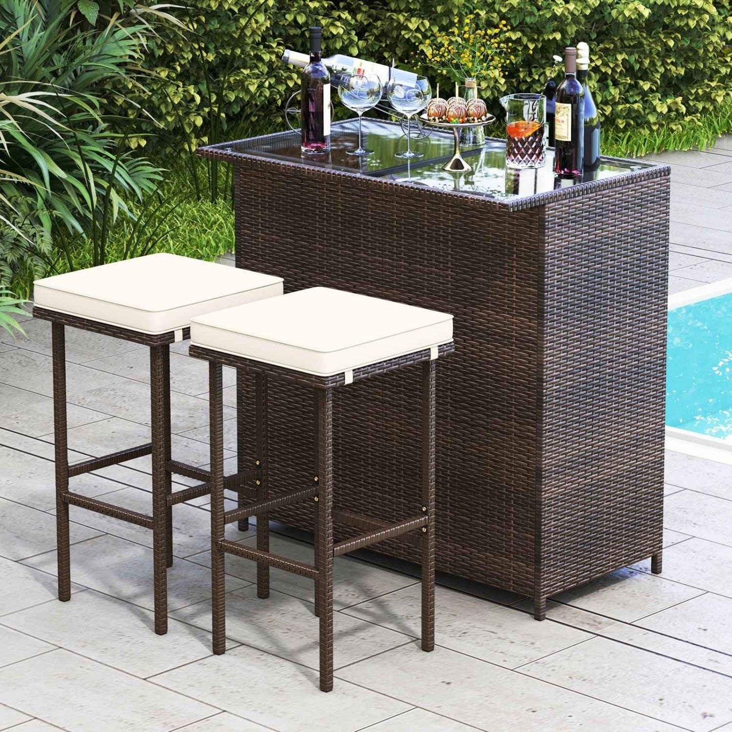 3 Pieces Outdoor Rattan Wicker Bar Set with 2 Cushions Stools