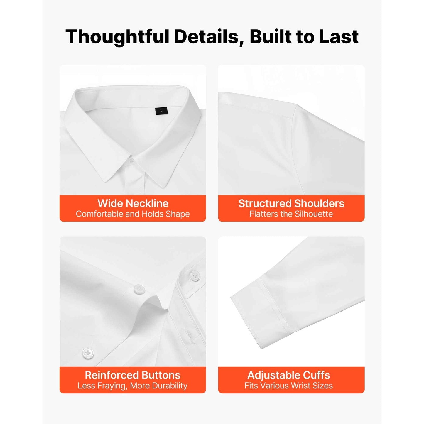 Men's Button Up Shirt, Mens Long Sleeve Wrinkle-free Button Down Dress Shirts, Slim Fit Soft Stretch Fabric for Business Casual or Formal, Work, Wedding, Dinner, White, L Size