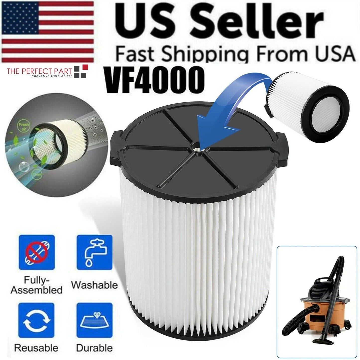 VF4000 Replacement RIDGID Wet/Dry Washable Vacuum Garage Shop Vac Pleated Filter - KNM Sundry