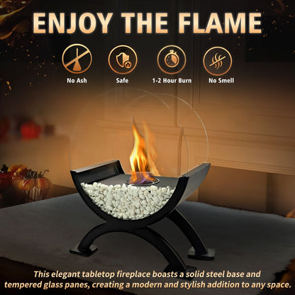 Round Glass Large Tabletop Fireplace 12.5" H Portable Fire Bowl Pot Clean Burning Fireplace for Indoor Outdoor Patio Parties Events(Black) - KNM Sundry